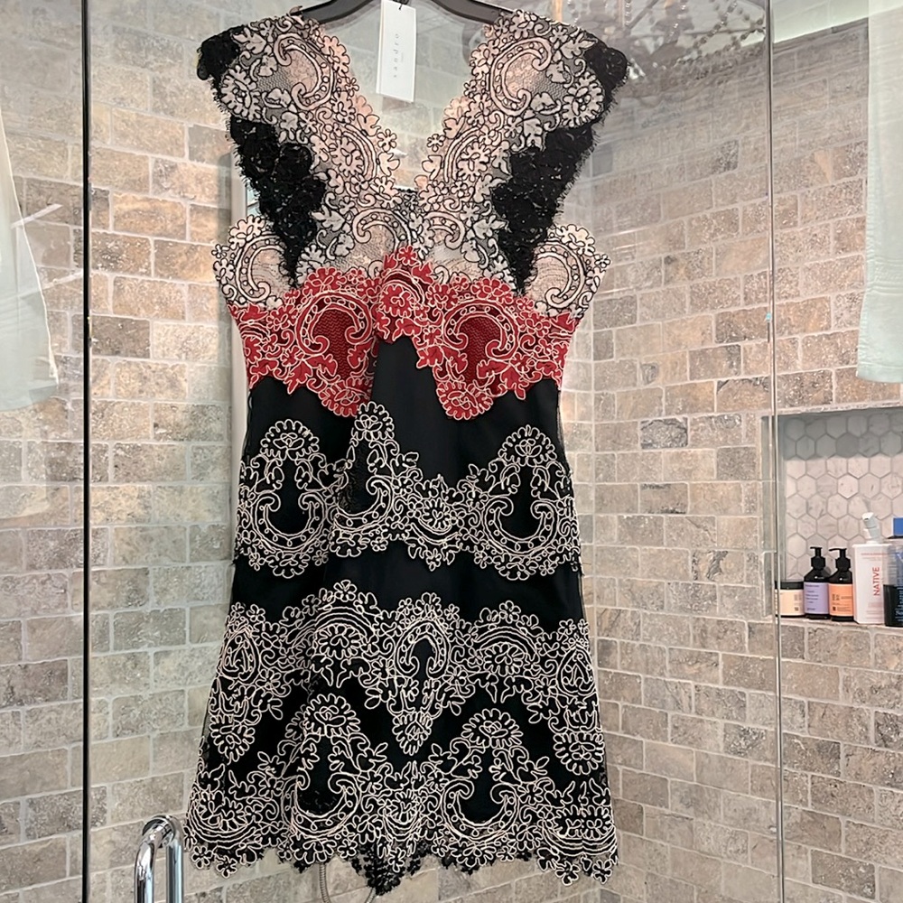 NWT: Sandro Paris Formal Lace Mini Dress: Isabel Noir. Size 2